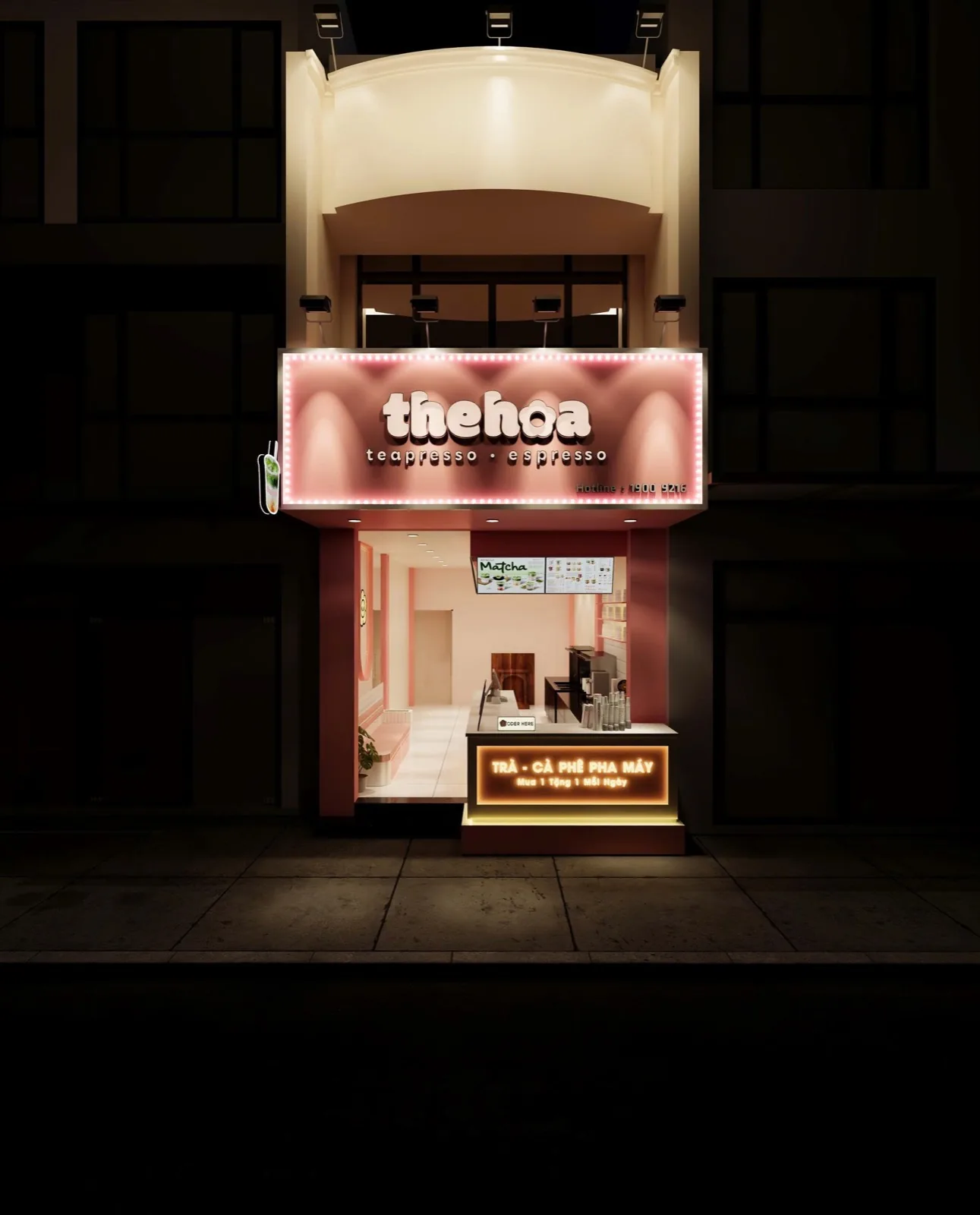 Phối cảnh 3D mặt tiền tiệm The Hoa mô hình Góc Hoa vào buổi tối