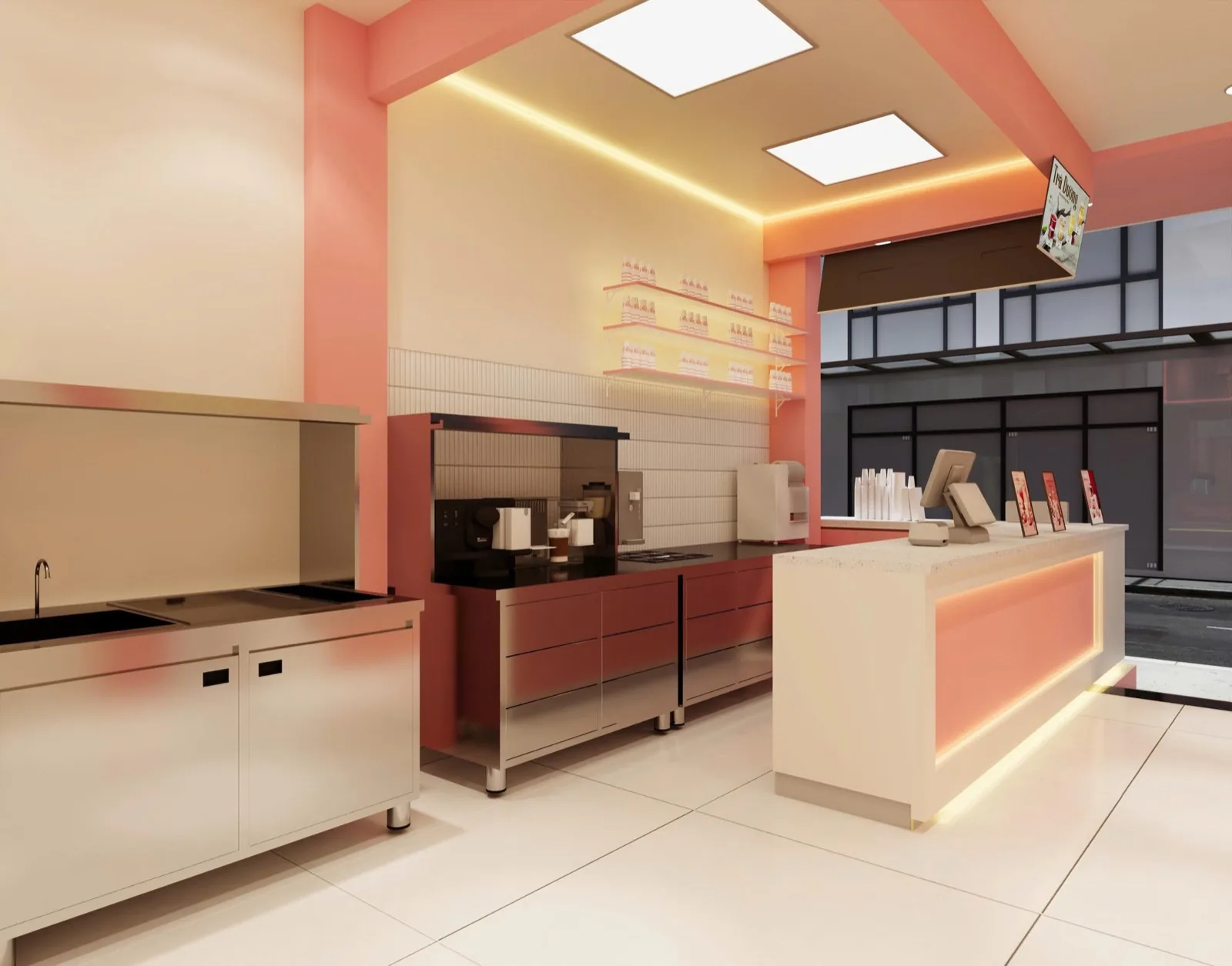 Phối cảnh 3D khu pha chế phía sau và quầy thu ngân