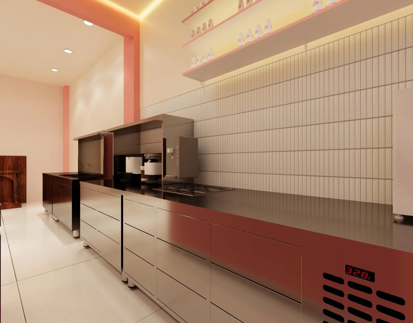 Phối cảnh 3D bàn bar thao tác, thiết bị pha chế và kệ ly