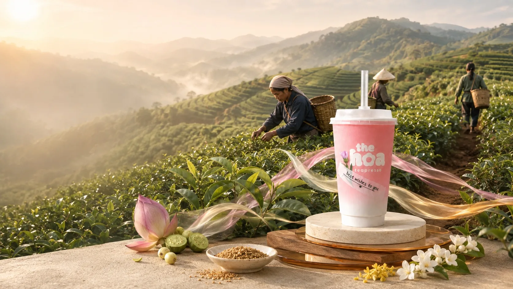 Đồi trà lúc bình minh, người hái trà đang thu hái, bên cạnh là một ly The Hoa