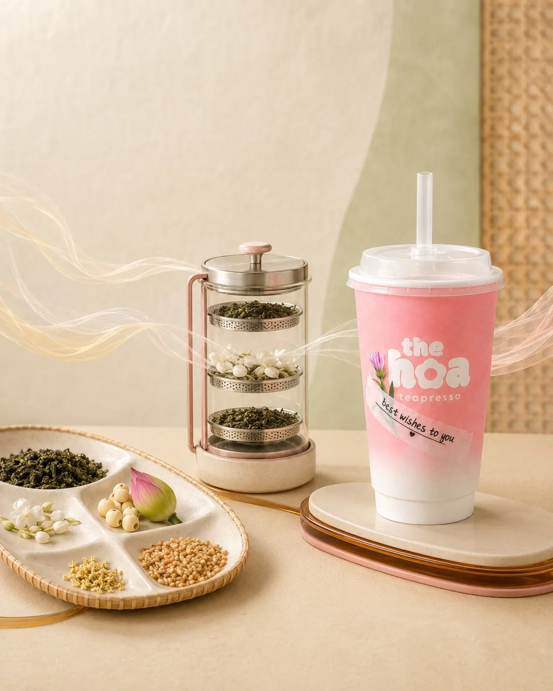 Hương trà lan toả từ buồng chiết xuống ly The Hoa