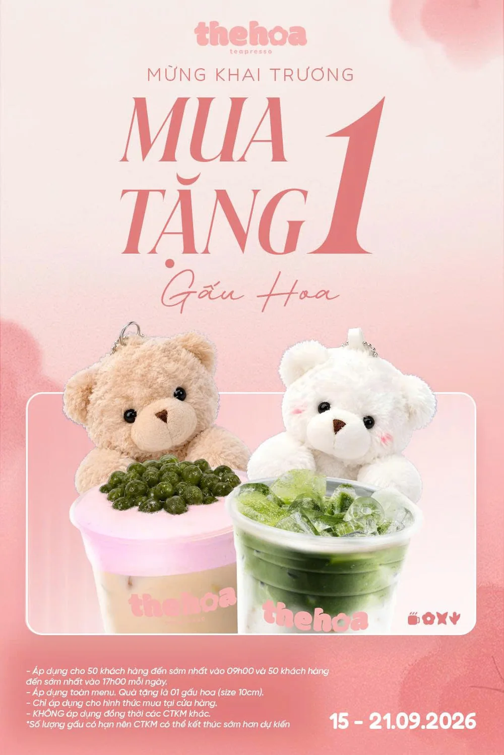 Poster Mua 1 tặng 1 Gấu Hoa mừng khai trương The Hoa Tân Phú, ngày 15 tới 21/09/2026