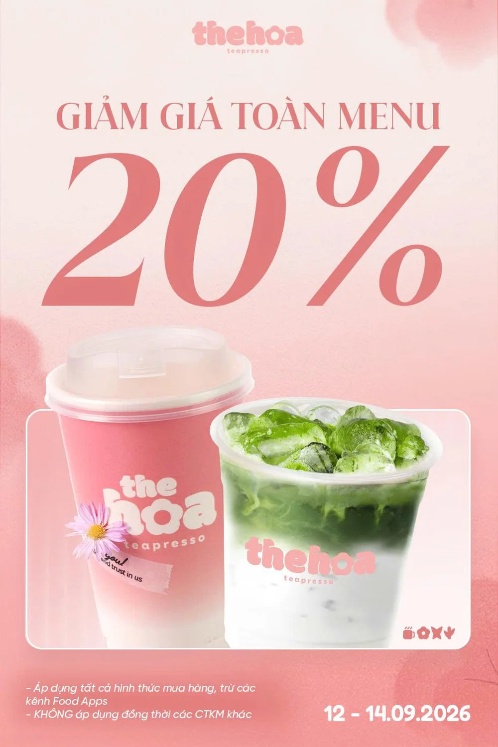 Poster giảm giá toàn thực đơn 20% tại The Hoa Tân Phú, ngày 12 tới 14/09/2026