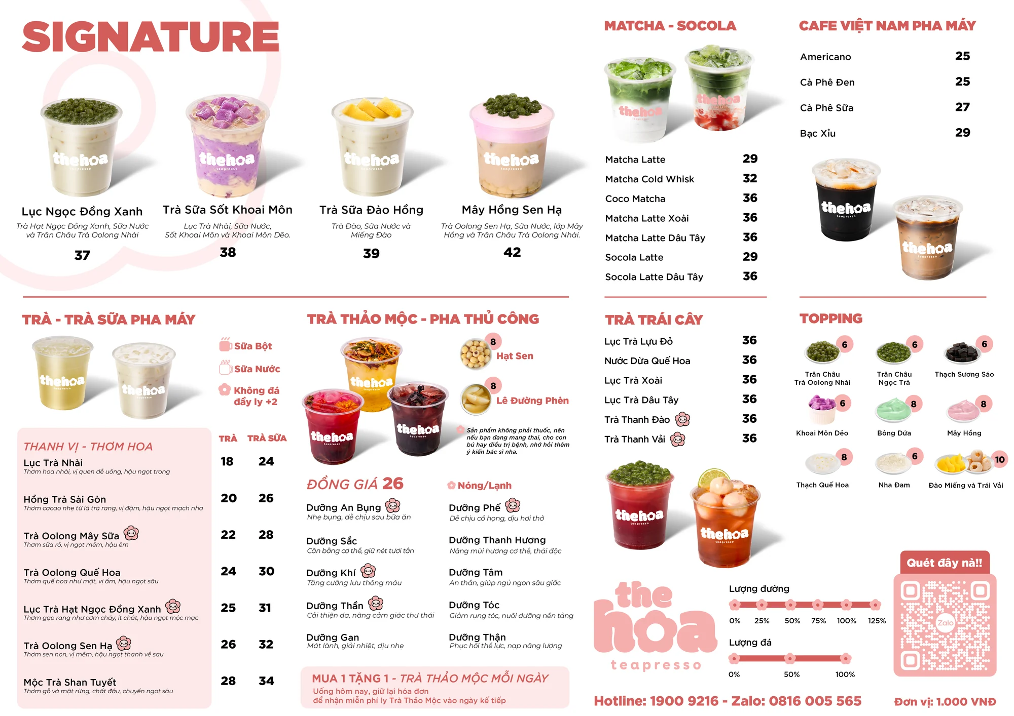 Thực đơn The Hoa tháng 9/2026 với đủ nhóm trà, trà sữa, trà thảo mộc, matcha, cà phê