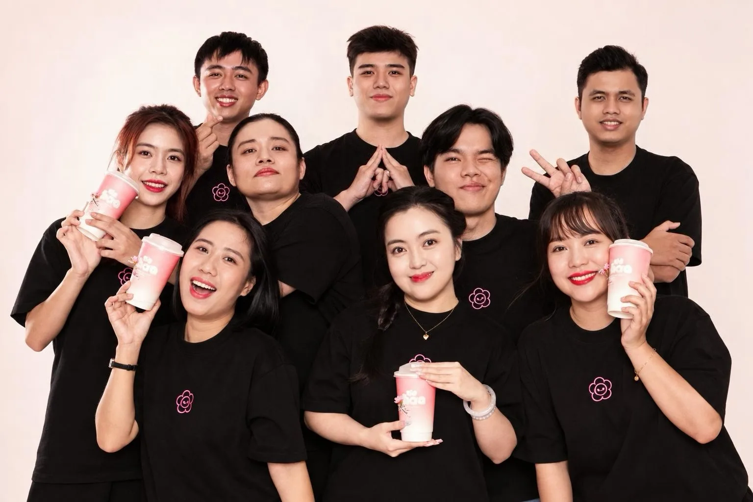 Đội vận hành The Hoa trong đồng phục đen, cầm ly trà The Hoa